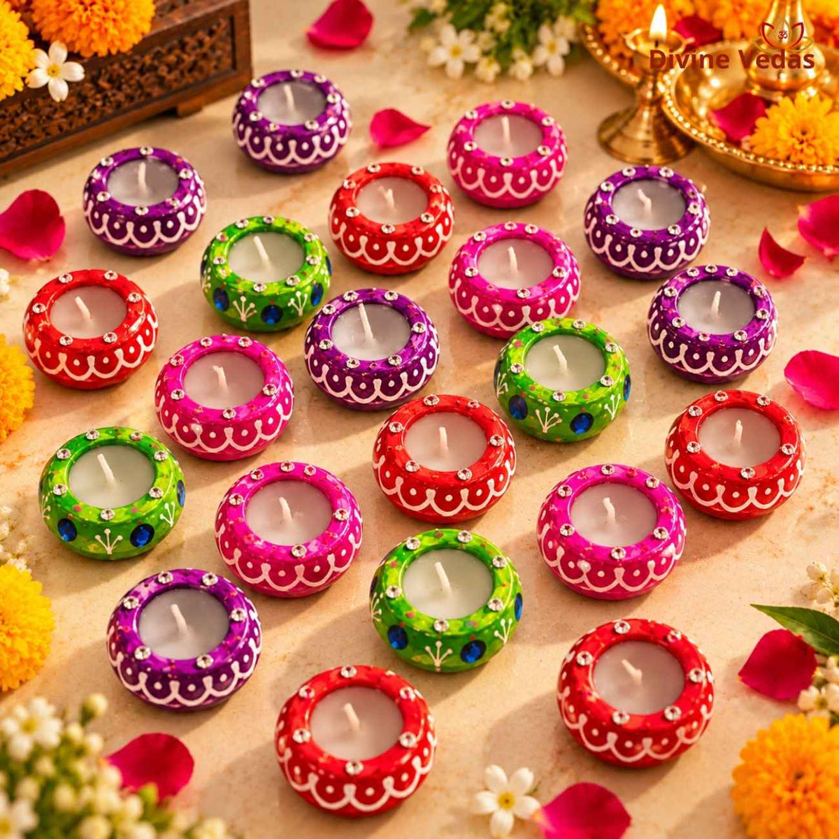 Hand Painted Decorative Handi Wax Diya for Diwali & Pooja – Multicolor Designer Diyas