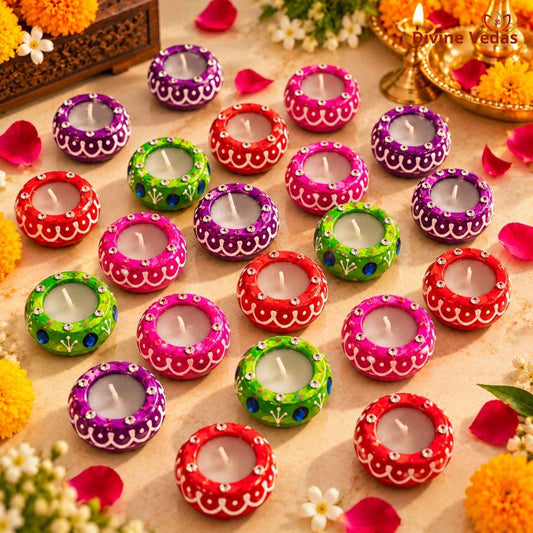 Hand Painted Decorative Handi Wax Diya for Diwali & Pooja – Multicolor Designer Diyas
