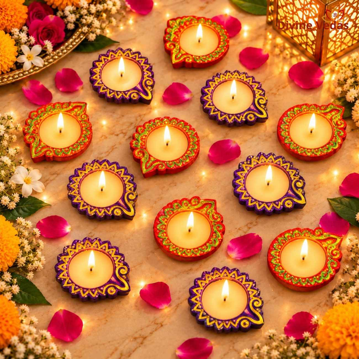 Small Paisley Wax Diya for Diwali & Pooja – Hand Painted Multicolor Decorative Diya