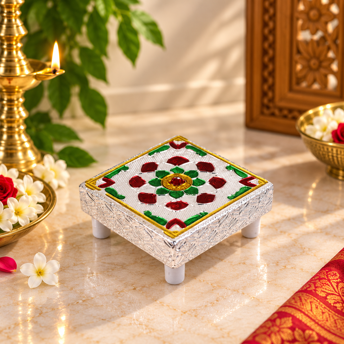Square Silver Chowki with Floral Design for Puja & God Idol