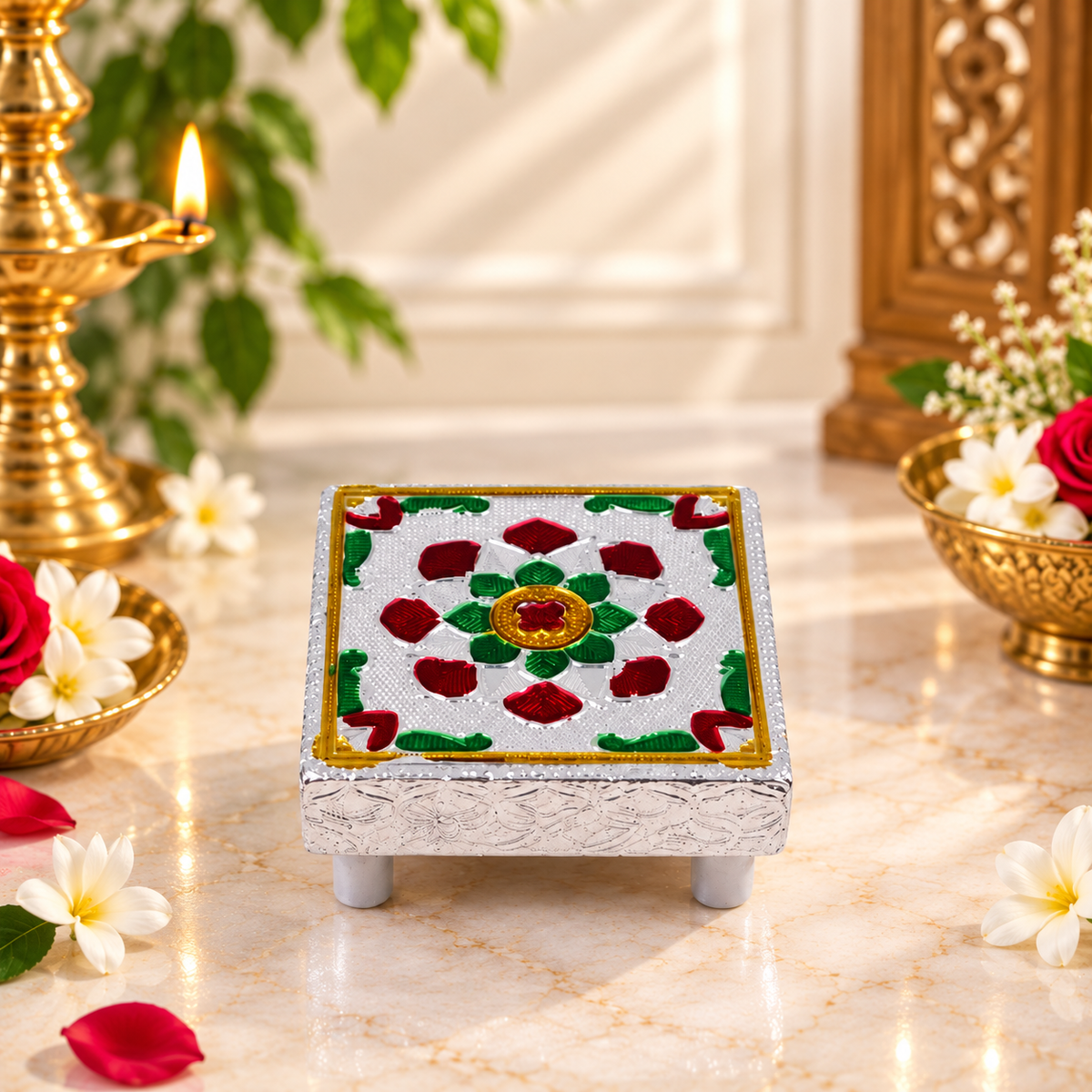 Square Silver Chowki with Floral Design for Puja & God Idol