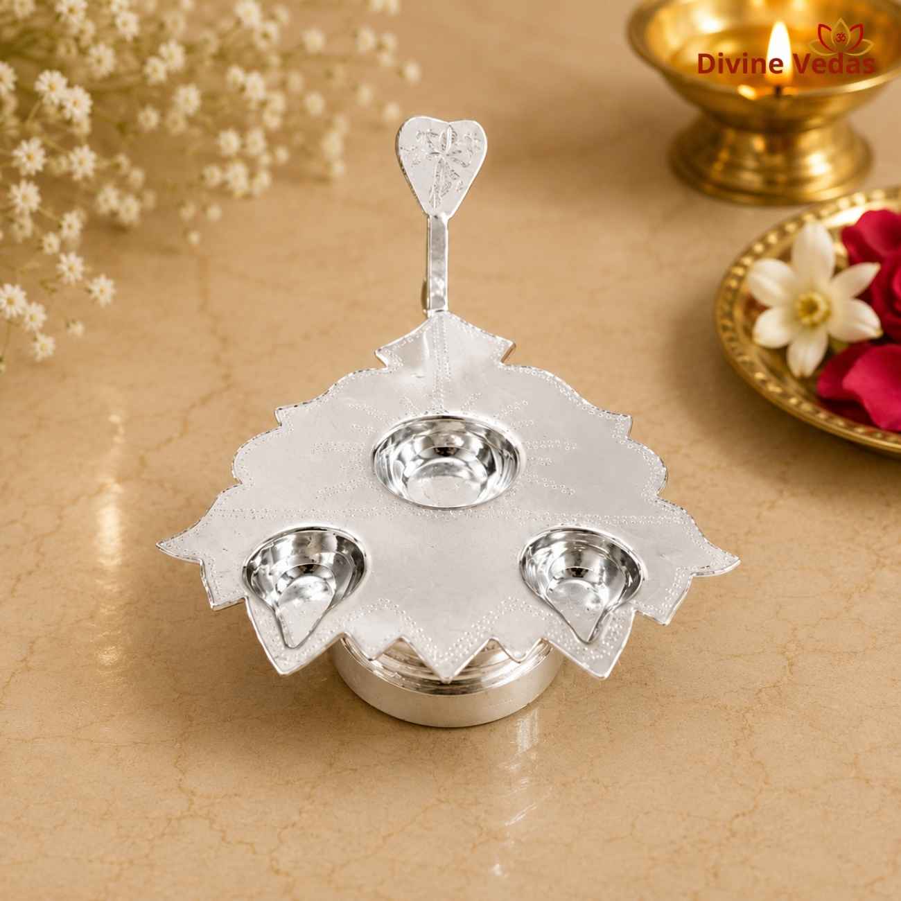 Traditional Lotus Aarti Diya with Handle in Silver | Silver Pooja Deepak | Divine Vedas
