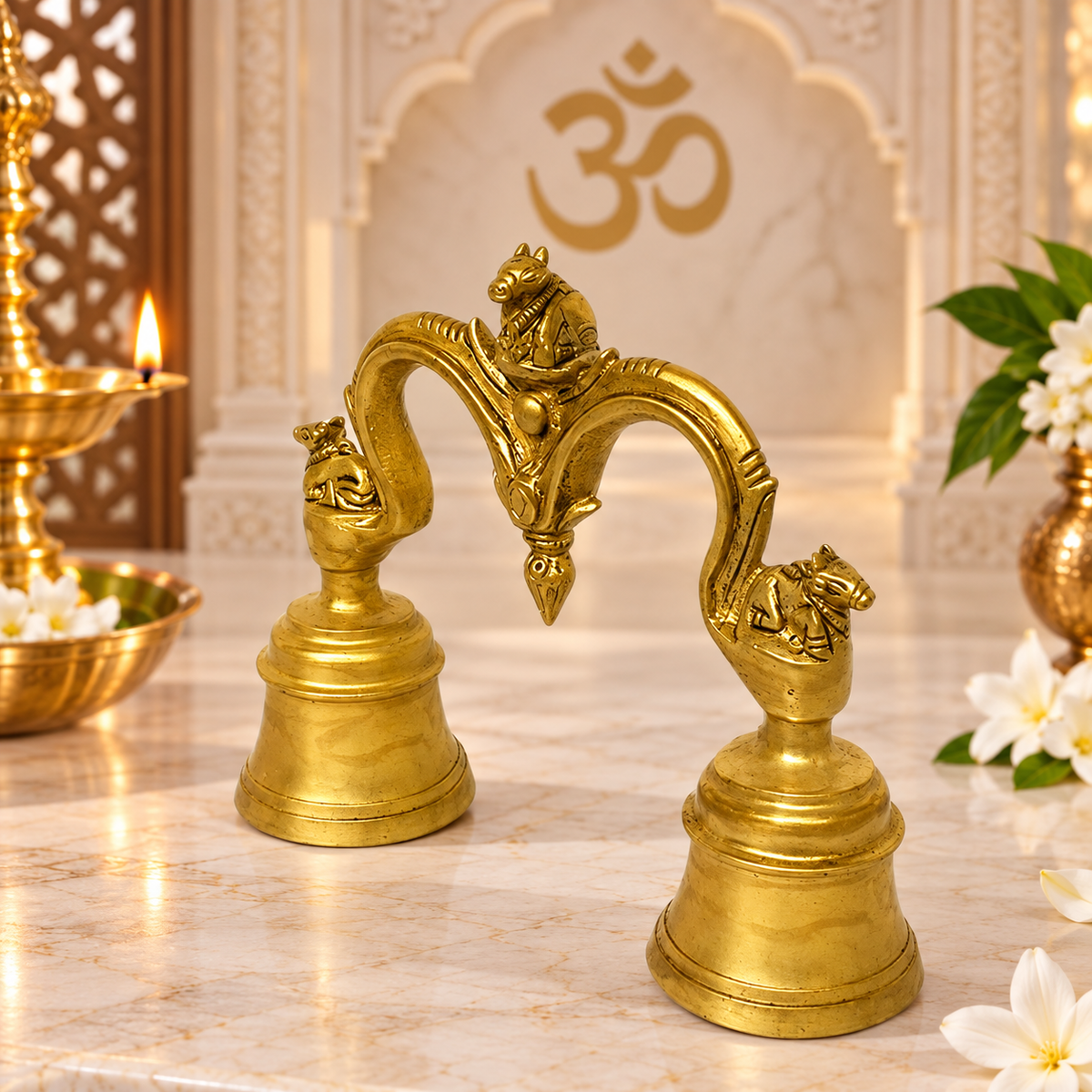 Traditional Brass Nandi Twin Bell for Puja & Aarti | Divine Vedas