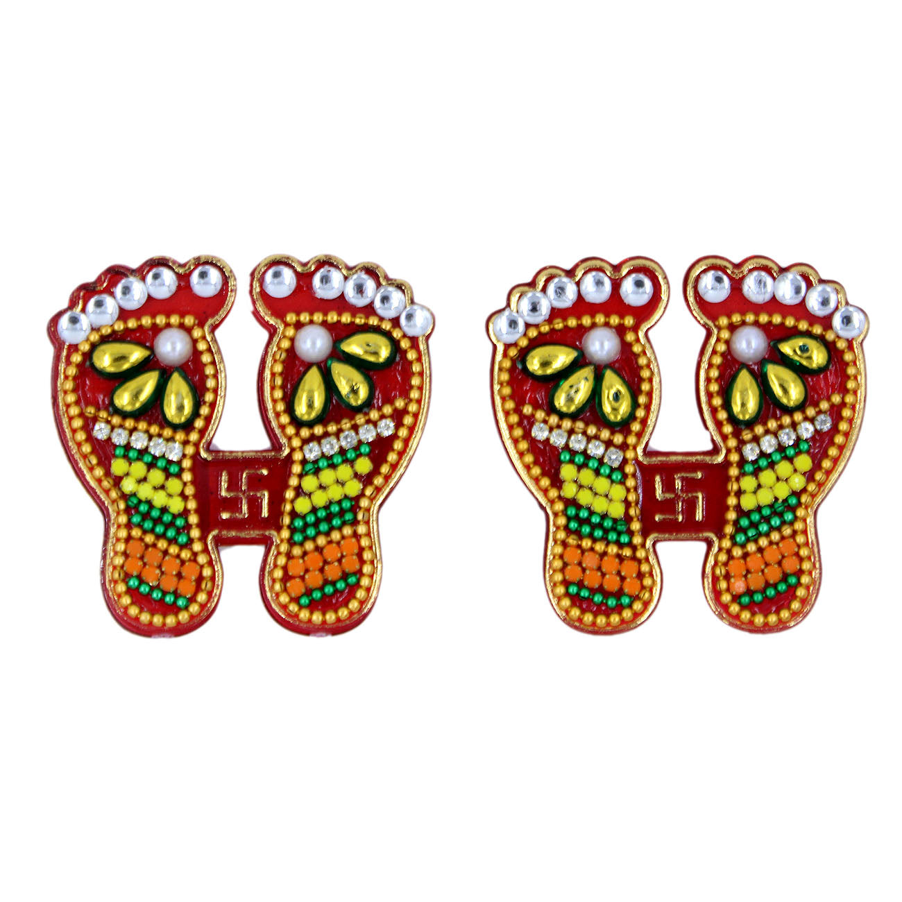 Auspicious Red Charan Paduka Pair with Stone Work
