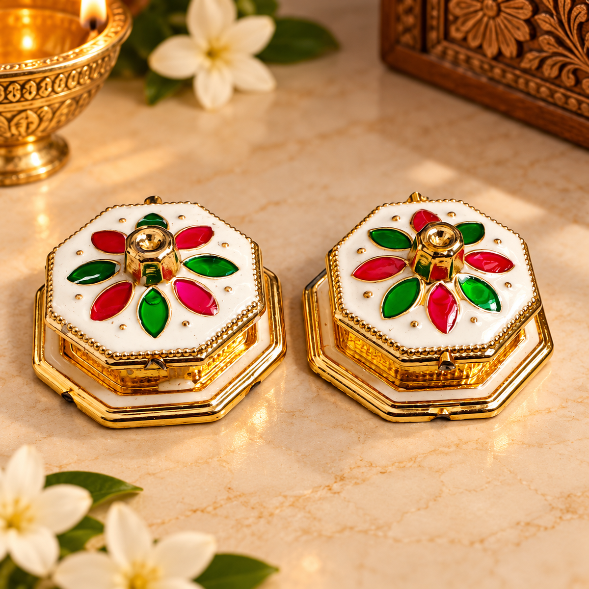 Decorative Hexagon Kumkum Haldi Box with Lid | Golden Meenakari Roli Chawal Container for Pooja, Weddings & Festivals – Set of 2