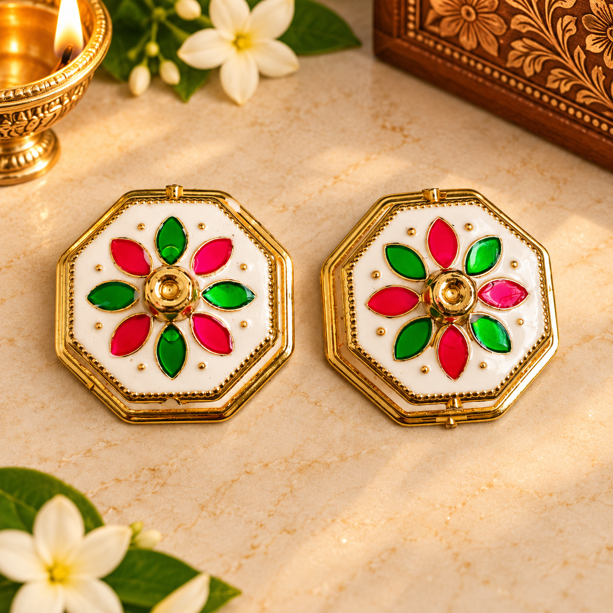 Decorative Hexagon Kumkum Haldi Box with Lid | Golden Meenakari Roli Chawal Container for Pooja, Weddings & Festivals – Set of 2