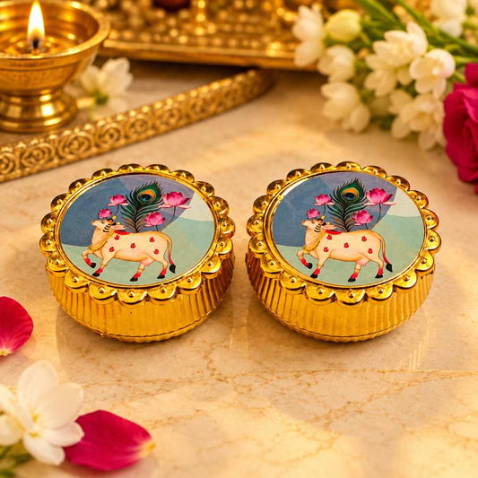 Decorative Golden Cow Design Kumkum Haldi Box | Traditional Pooja Roli Chawal Container for Festivals & Return Gifts – Set of 2