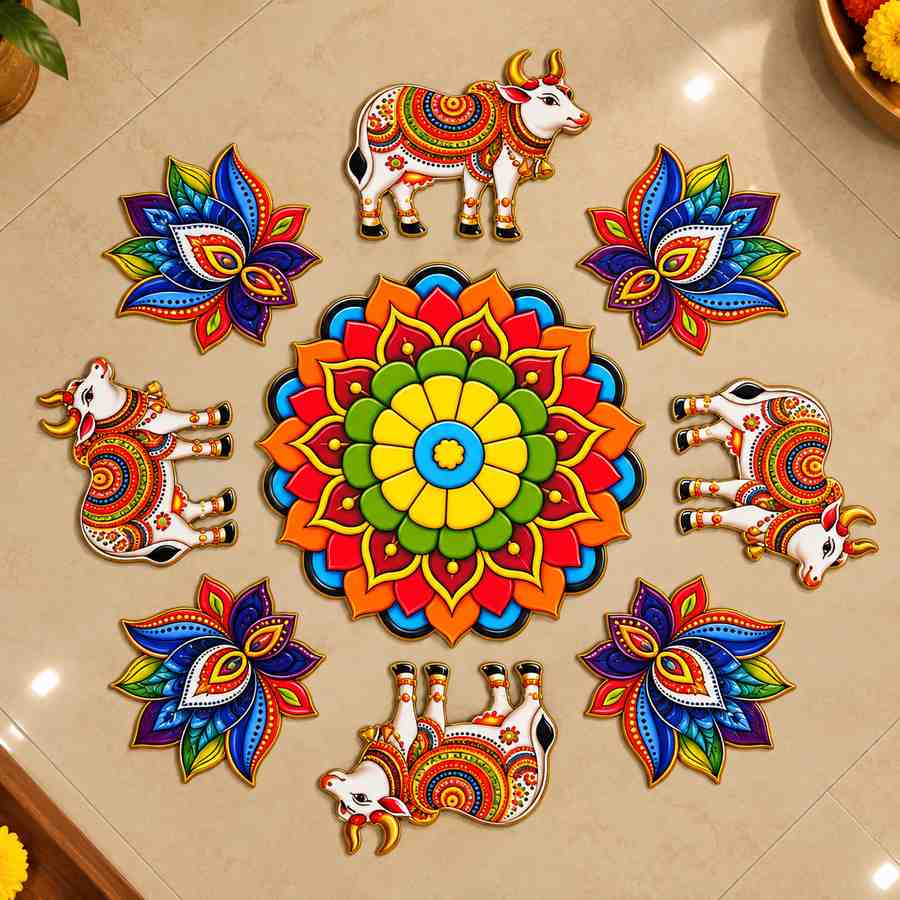 Decorative Cow Rangoli Floor Sticker Set | Multicolor Floral Mandala & Traditional Gau Mata Stickers for Diwali, Pooja & Home Entrance