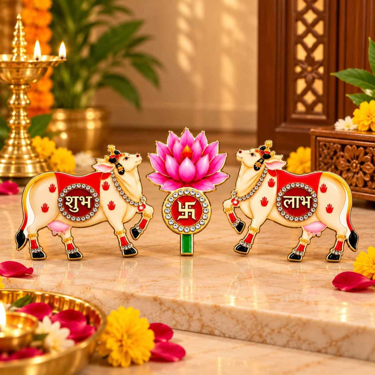Cow Shubh Labh Door Decoration Sticker Set with Pink Lotus & Swastik | Traditional Kamdhenu Cow Entrance Decoration for Home, Diwali & Puja