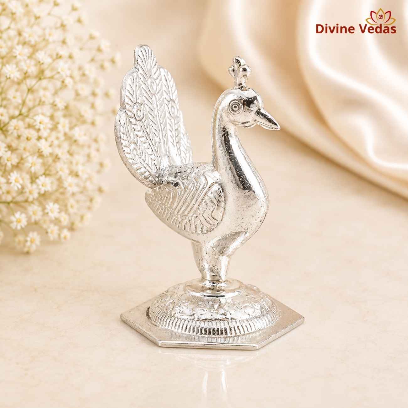 Dancing Peacock in Silver 11.2g | Chandi Mor Showpiece for Pooja & Décor | Divine Vedas