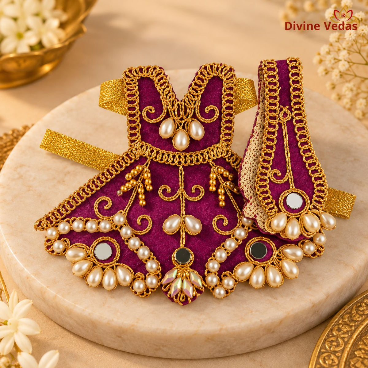 Devi Mata Dress Poshak Set with Pearl & Golden Lace Work | Designer Mata Rani Shringar Dress for Idol & Home Mandir Pooja