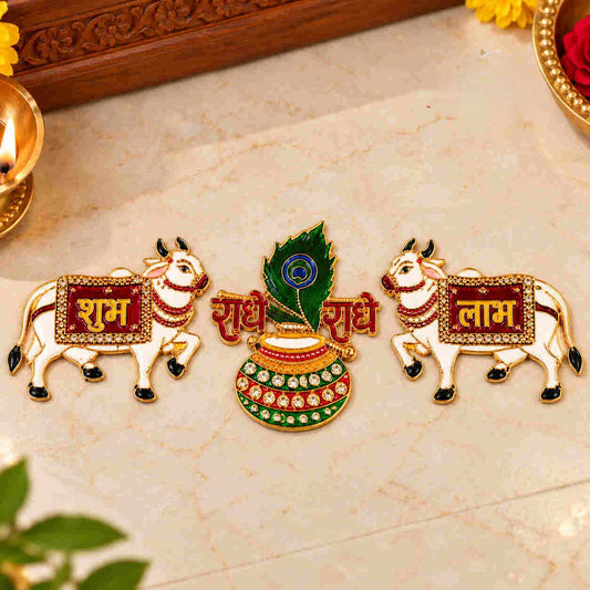 Shubh Labh Cow Door Sticker with Kalash & Peacock Feather – Gau Mata Auspicious Sticker for Home, Mandir & Shop