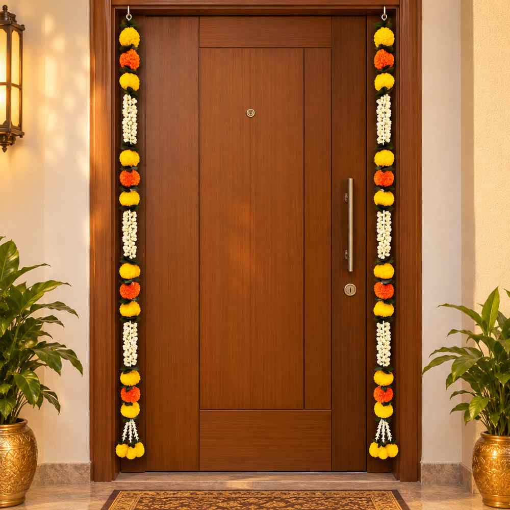 Artificial Marigold & Jasmine Flower Hanging Garland for Wall & Door Decoration | Yellow Orange White Floral Mala for Diwali, Pooja, Festivals & Home Decor – Set of 6