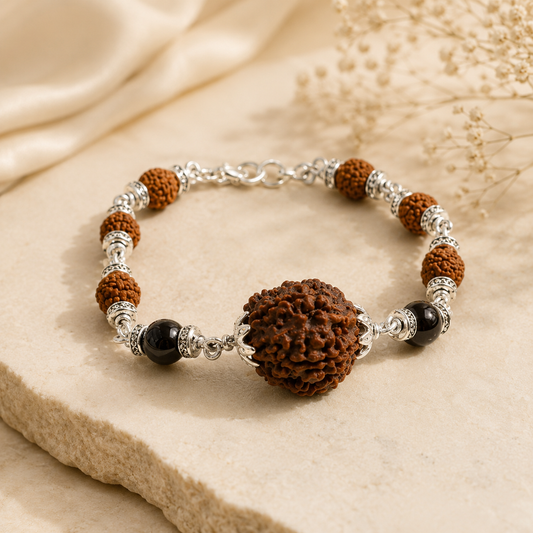 Five Mukhi Rudraksha Bracelet with Designer Golden Balls | Original 5 Mukhi Rudraksha Bracelet