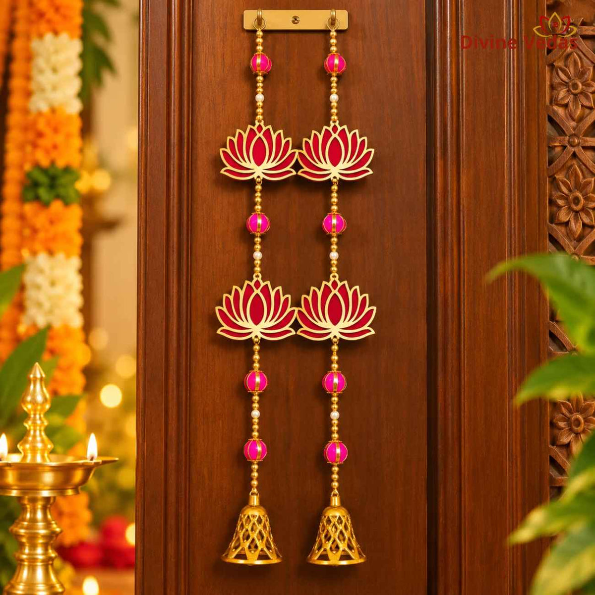 Pink Lotus Hanging Decoration with Golden Bells