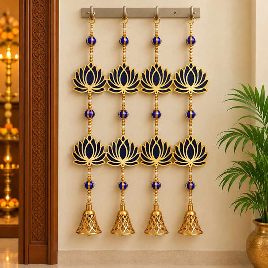 Blue Lotus Hanging Mala with Golden Bells for Door, Wall, Mandir & Festival Decoration – Set of 4