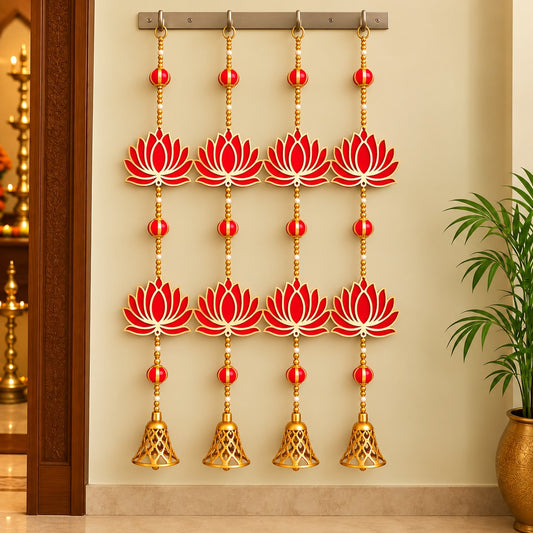 Red Lotus Hanging Mala with Golden Bells for Door, Wall, Mandir, Pooja Room & Festival Decoration – Set of 4
