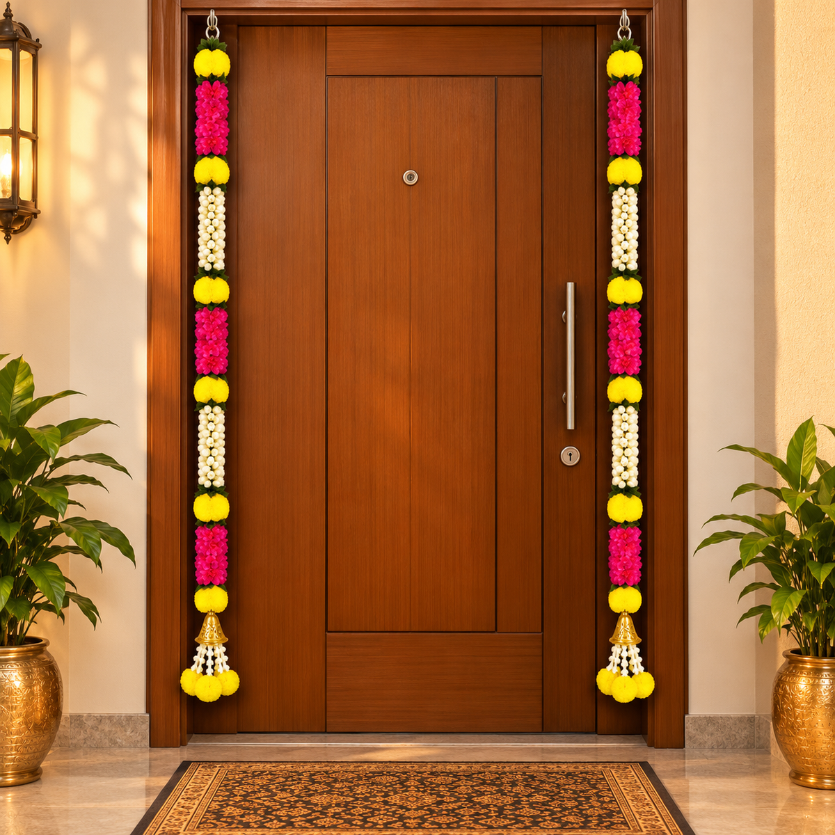 Artificial Marigold & Jasmine Flower Hanging Garland for Door, Wall & Festival Decoration – Yellow, Red & White – Set of 6