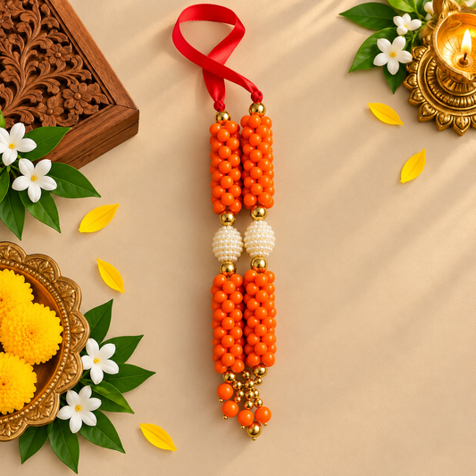 Orange Beads Moti Mala for God Idols | Decorative Flower Garland for Pooja, Mandir & Festivals