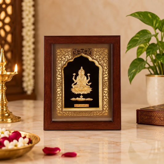 Goddess Mahalakshmi Desktop Frame | 24K Pure Swiss Gold Touch Lakshmi Frame | Divine Vedas