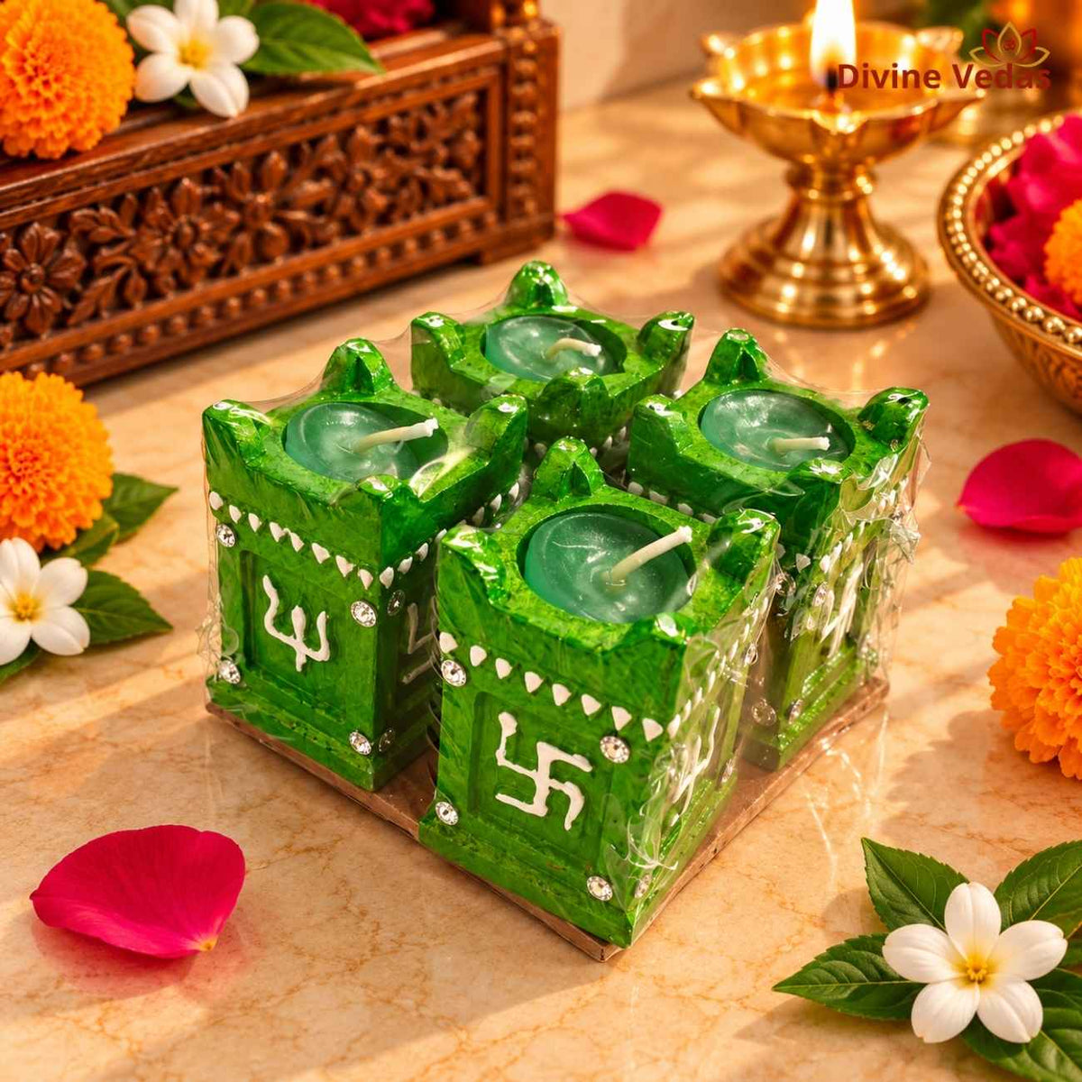 Small Tulsi Kyara Wax Diya Set – Decorative Square Diya for Diwali & Pooja | Pack of 4