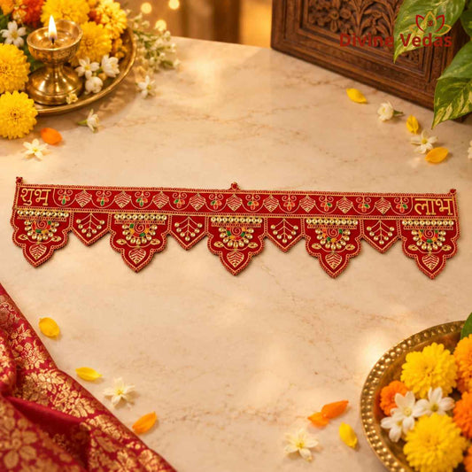Handmade Shubh Labh Toran for Main Door | Red & Golden Decorative Door Hanging for Diwali, Puja & Home Entrance