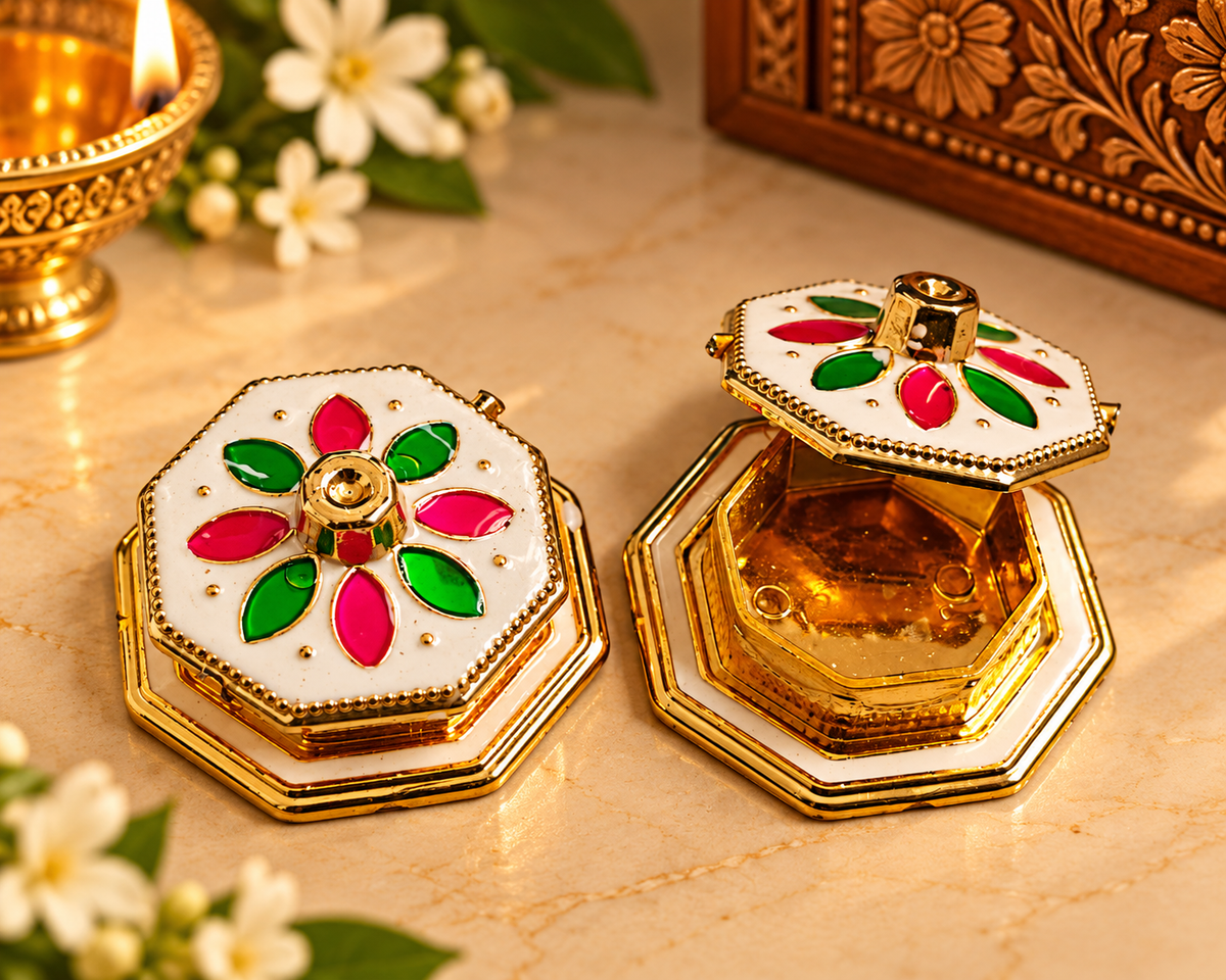 Decorative Hexagon Kumkum Haldi Box with Lid | Golden Meenakari Roli Chawal Container for Pooja, Weddings & Festivals – Set of 2