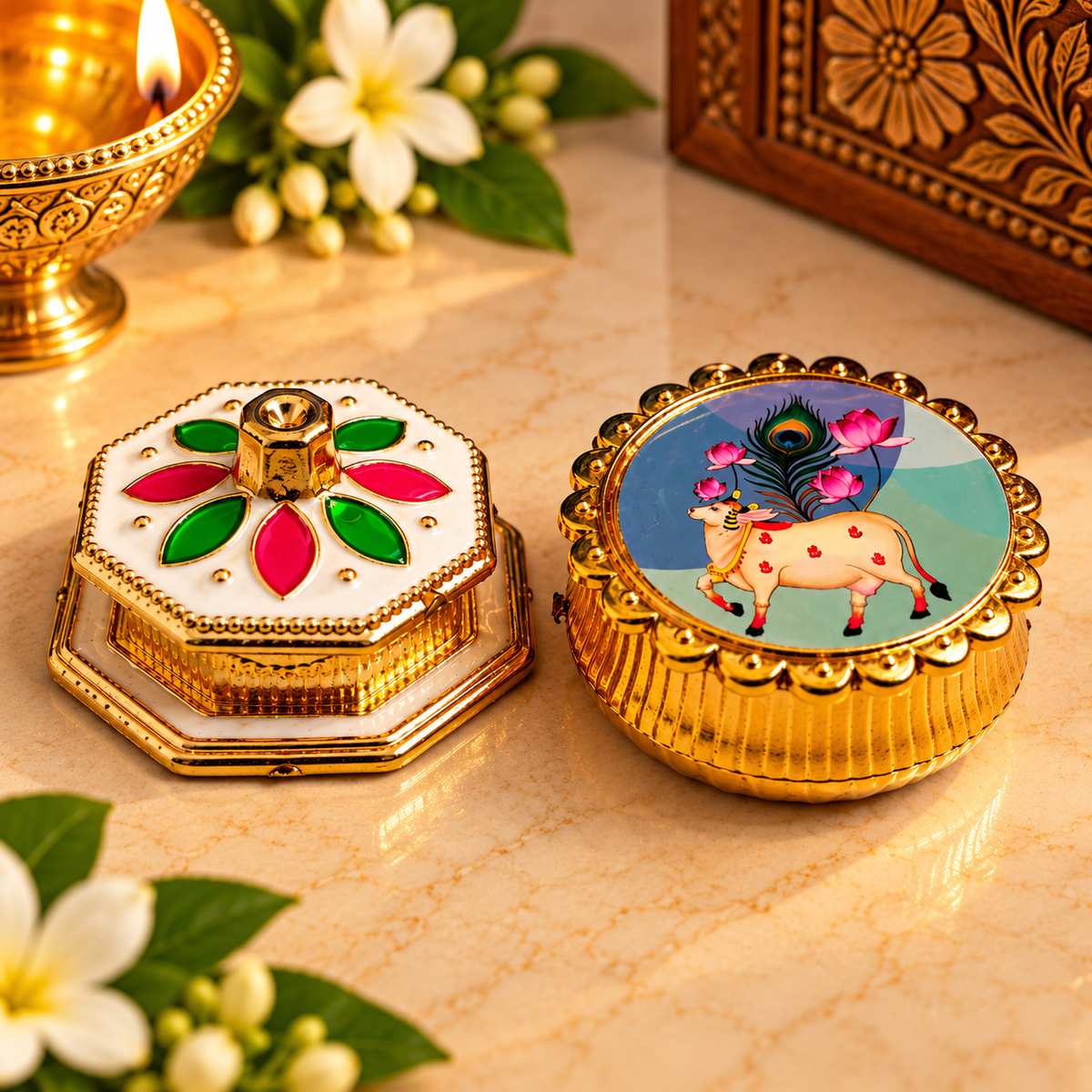 Decorative Pooja Kumkum & Haldi Box Set | Golden Meenakari Sindoor Dani with Kamdhenu Cow Design for Pooja, Festivals & Gifting
