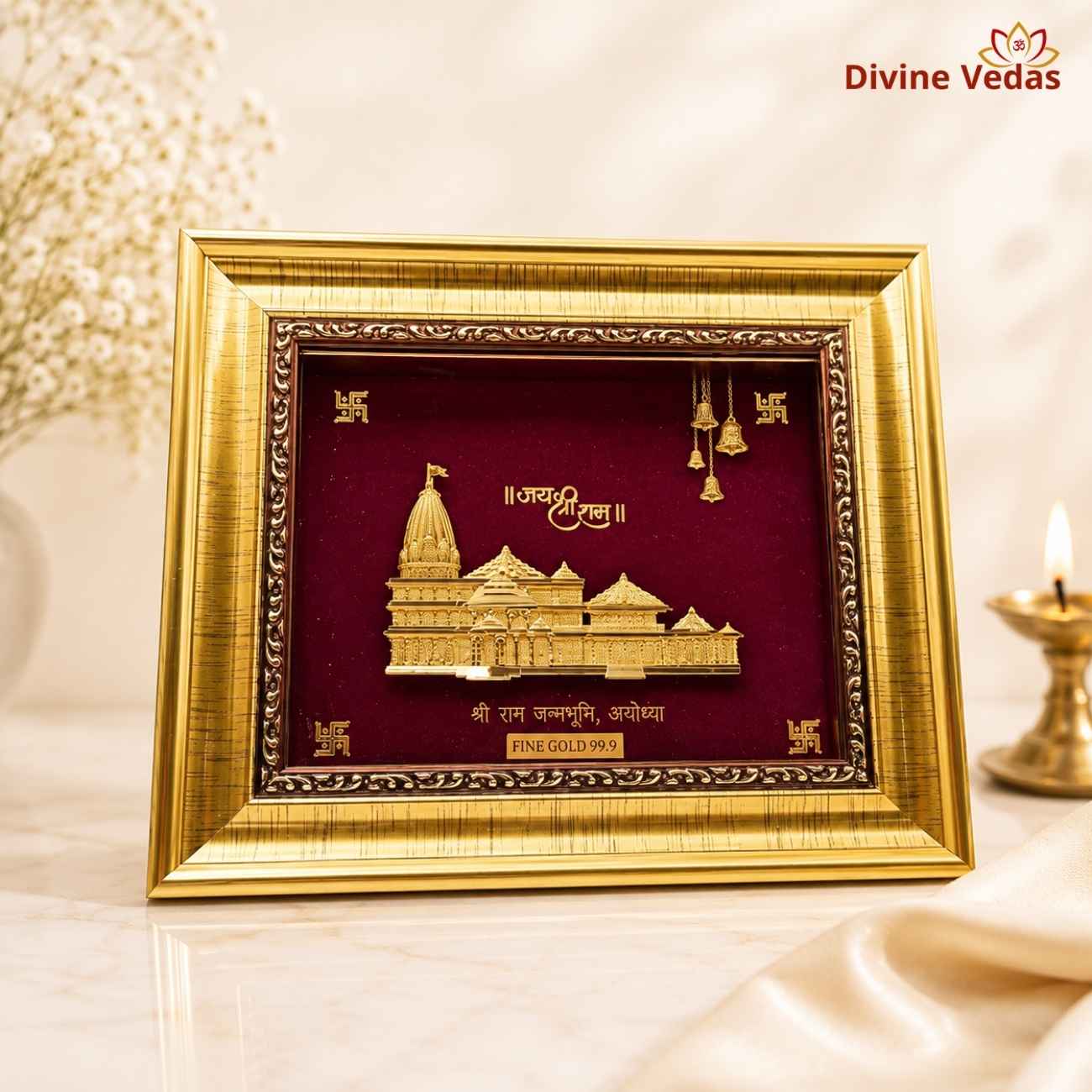 Lord Rama Temple Desktop Frame | 24K Pure Swiss Gold Touch Ram Mandir Frame | Divine Vedas