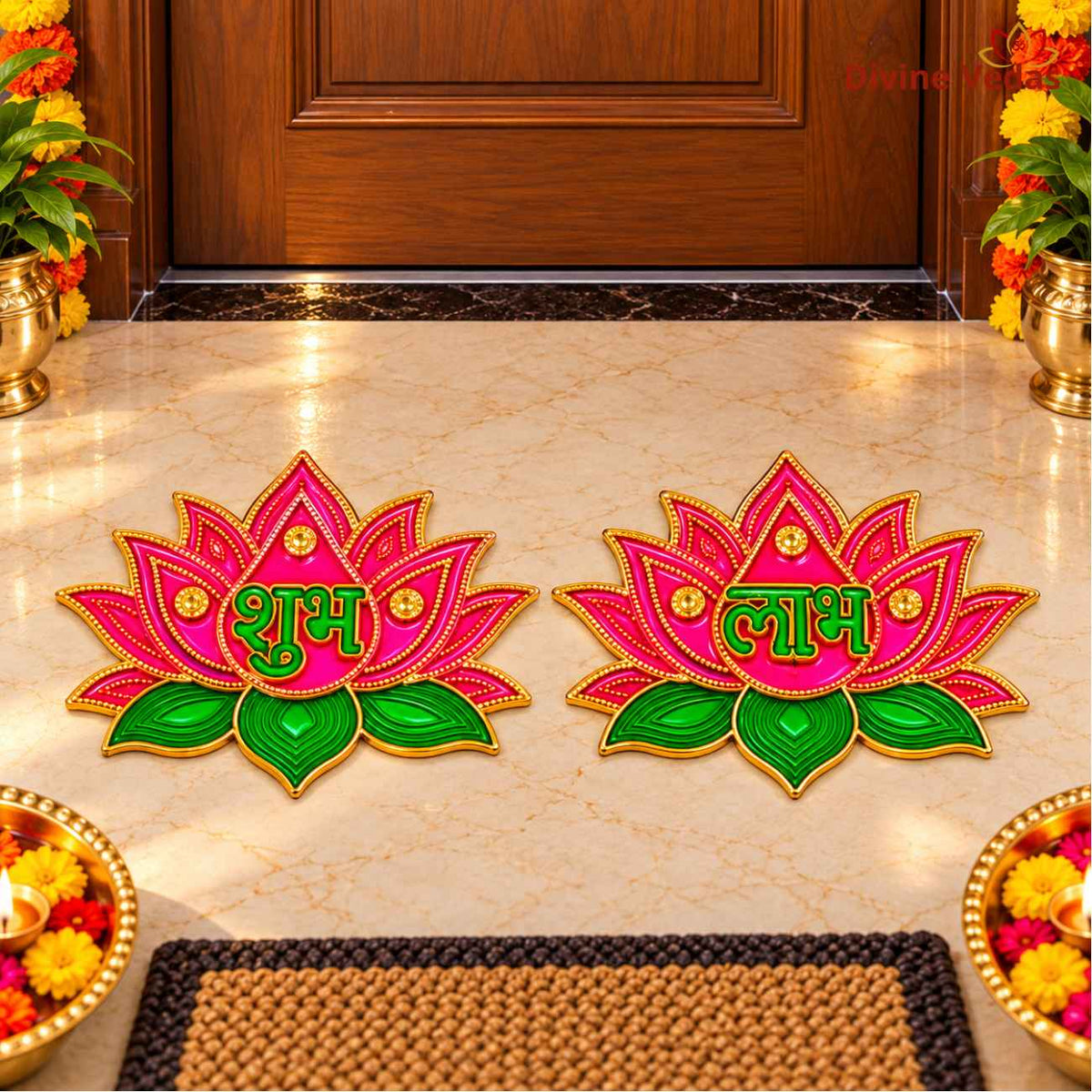 Lotus Shubh Labh Door Sticker Set | शुभ लाभ Decorative Main Door Sticker for Home, Mandir & Diwali