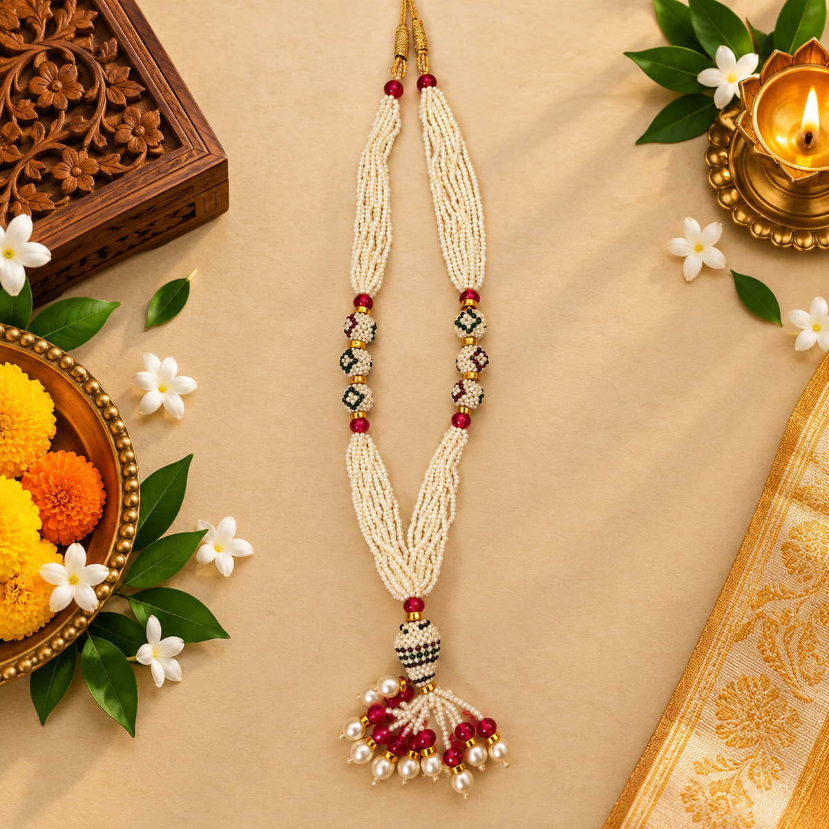 Fancy Pearl Beads Garland for God Idols | Decorative Moti Mala for Pooja, Mandir & Festivals