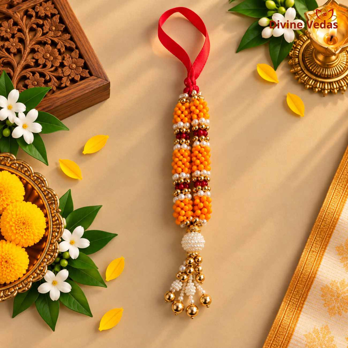 Product: Premium Orange, Red, White & Golden Artificial Beads Garland Mala for God Idols, Pooja & Festivals