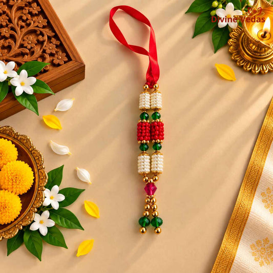 Premium Red White Green Pearl Beads Garland Mala for God Idols – Artificial Moti Mala with Golden Beads for Pooja, Mandir & Festival Decoration