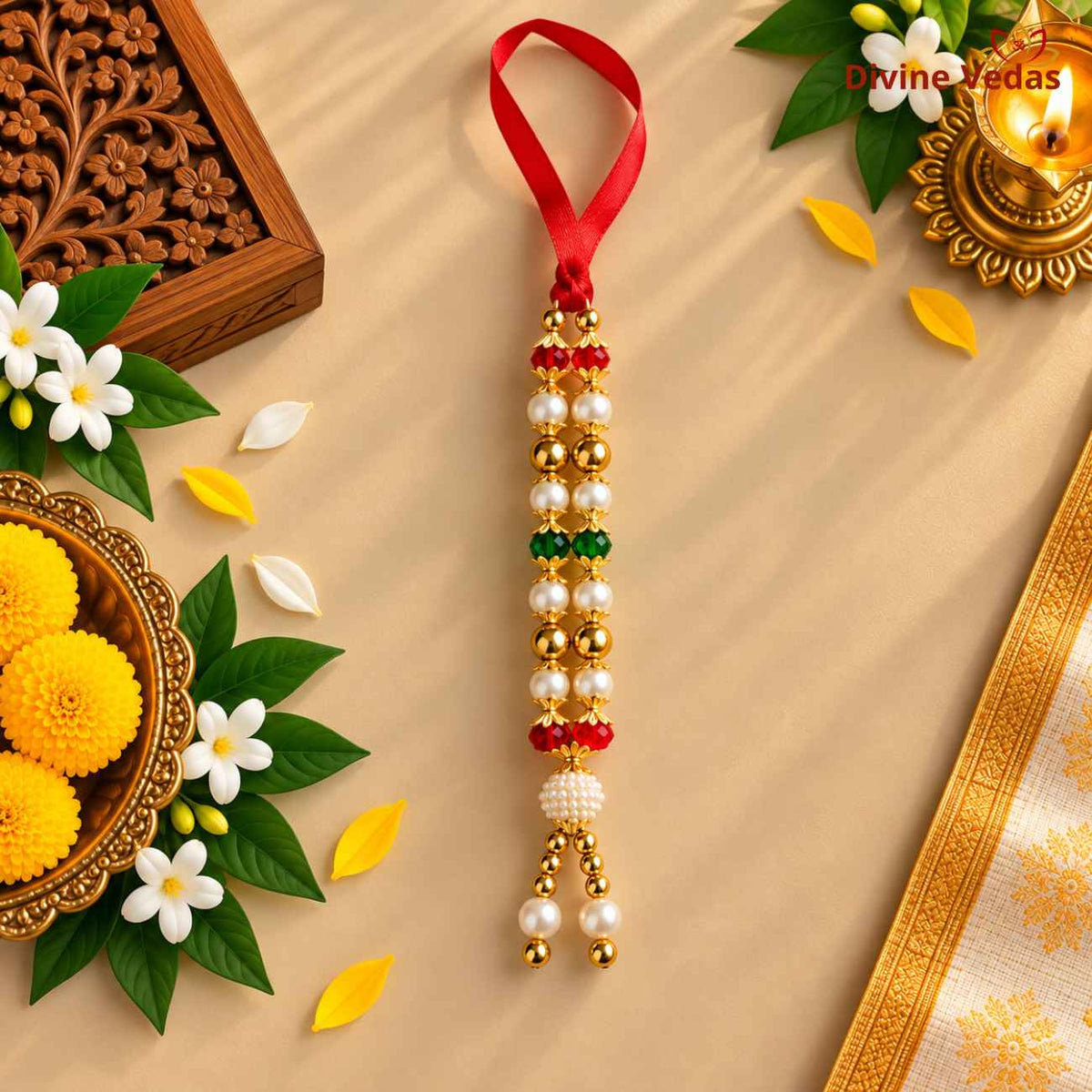 Premium Red, White, Green & Golden Pearl Beads Garland Mala for God Idols, Pooja & Festivals
