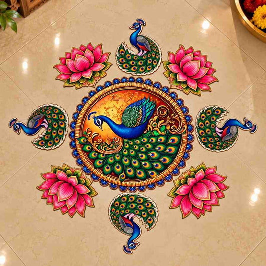 Decorative Peacock Rangoli Floor Sticker Set | Multicolor Mor Pankh & Pink Lotus Rangoli Stickers for Diwali, Festivals, Pooja & Home Entrance