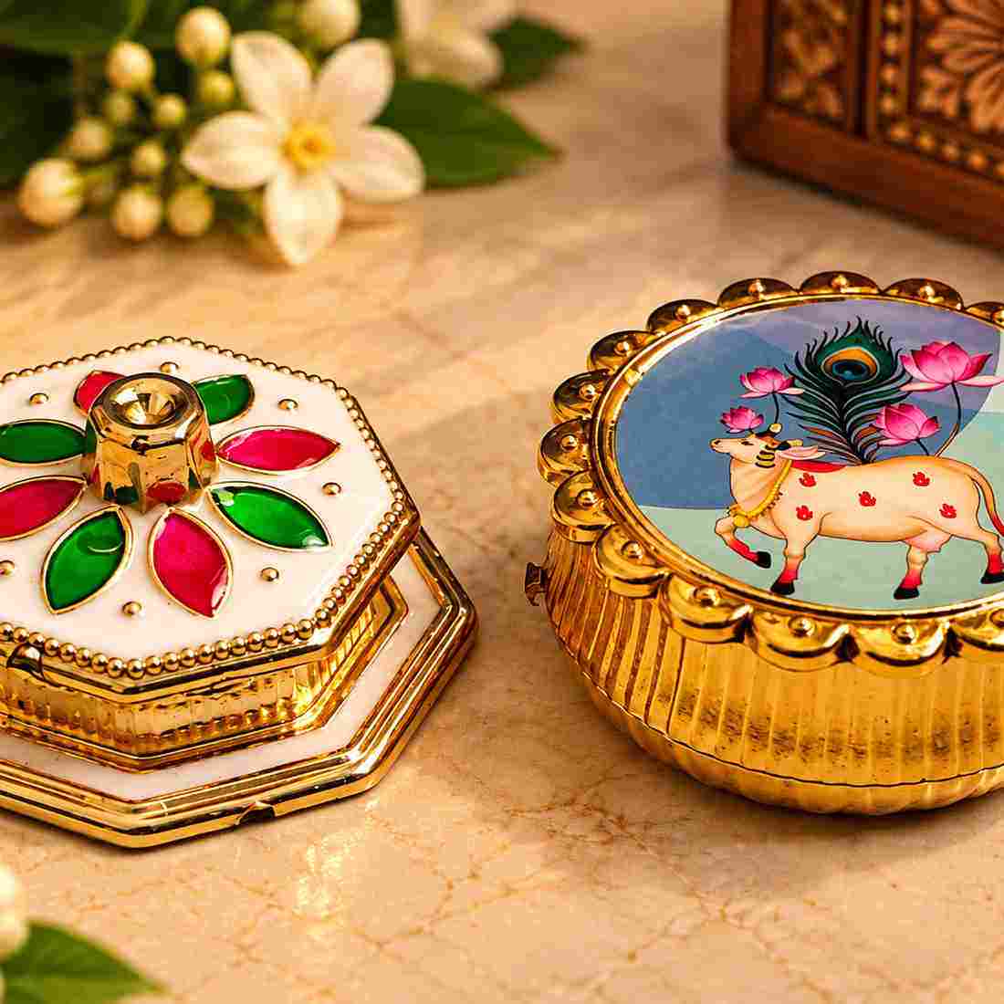 Decorative Pooja Kumkum & Haldi Box Set | Golden Meenakari Sindoor Dani with Kamdhenu Cow Design for Pooja, Festivals & Gifting