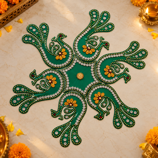 Green Peacock Rangoli Sticker with Kundan Stone Work | Decorative Mor Design Floor Rangoli for Diwali, Pooja & Home Entrance