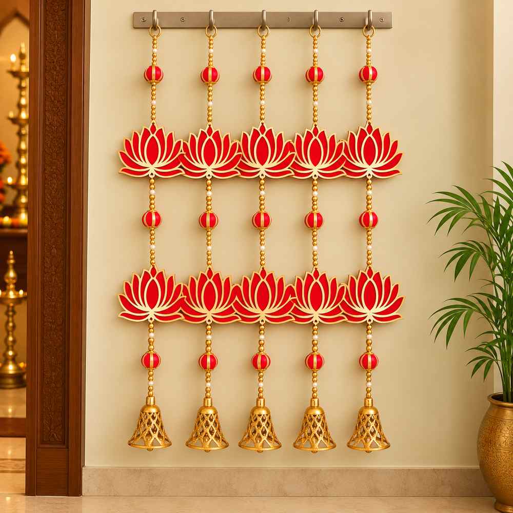 Red Lotus Hanging Mala with Golden Bells for Door, Wall, Mandir, Pooja Room & Festival Decoration – Set of 4