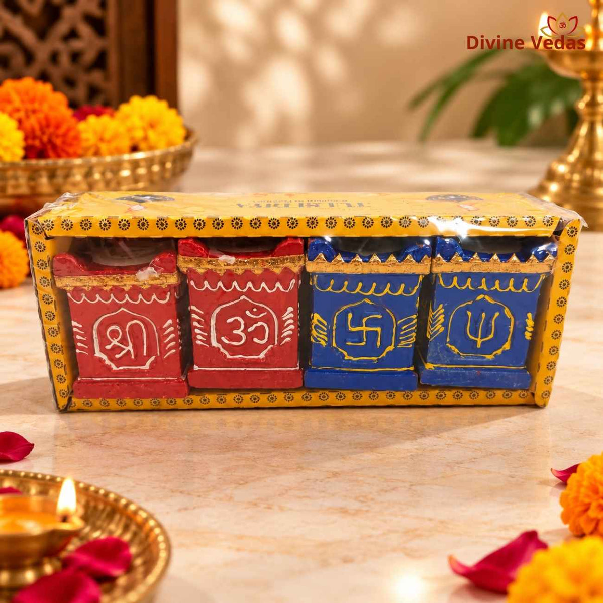 Wax Filled Tulsi Kyara Diya Set with Shri, Om, Swastik & Trishul – Hand Painted Decorative Diya