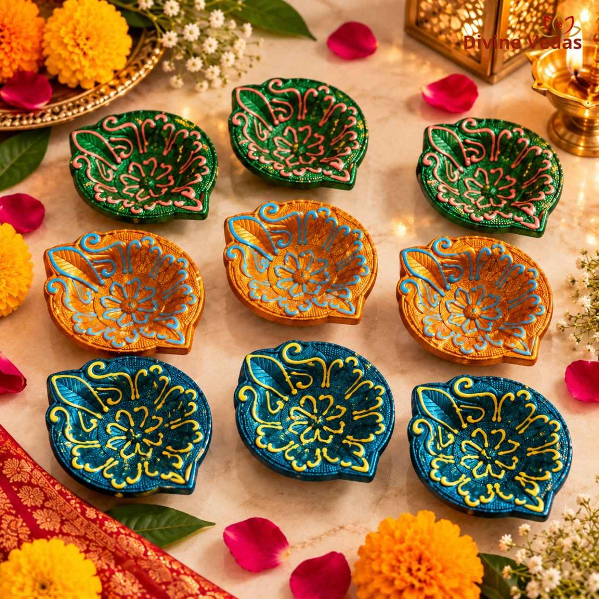 Hand Painted Leaf Shape Decorative Diya Set – Multicolor Designer Diyas for Diwali, Pooja & Rangoli – 9 Pcs