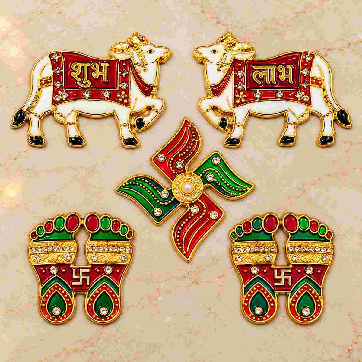 Shubh Labh Cow, Swastik & Lakshmi Charan Decorative Door Sticker Set | Auspicious Main Door Décor