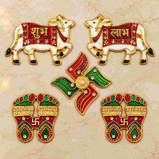 Shubh Labh Cow, Swastik & Lakshmi Charan Decorative Door Sticker Set | Auspicious Main Door Décor