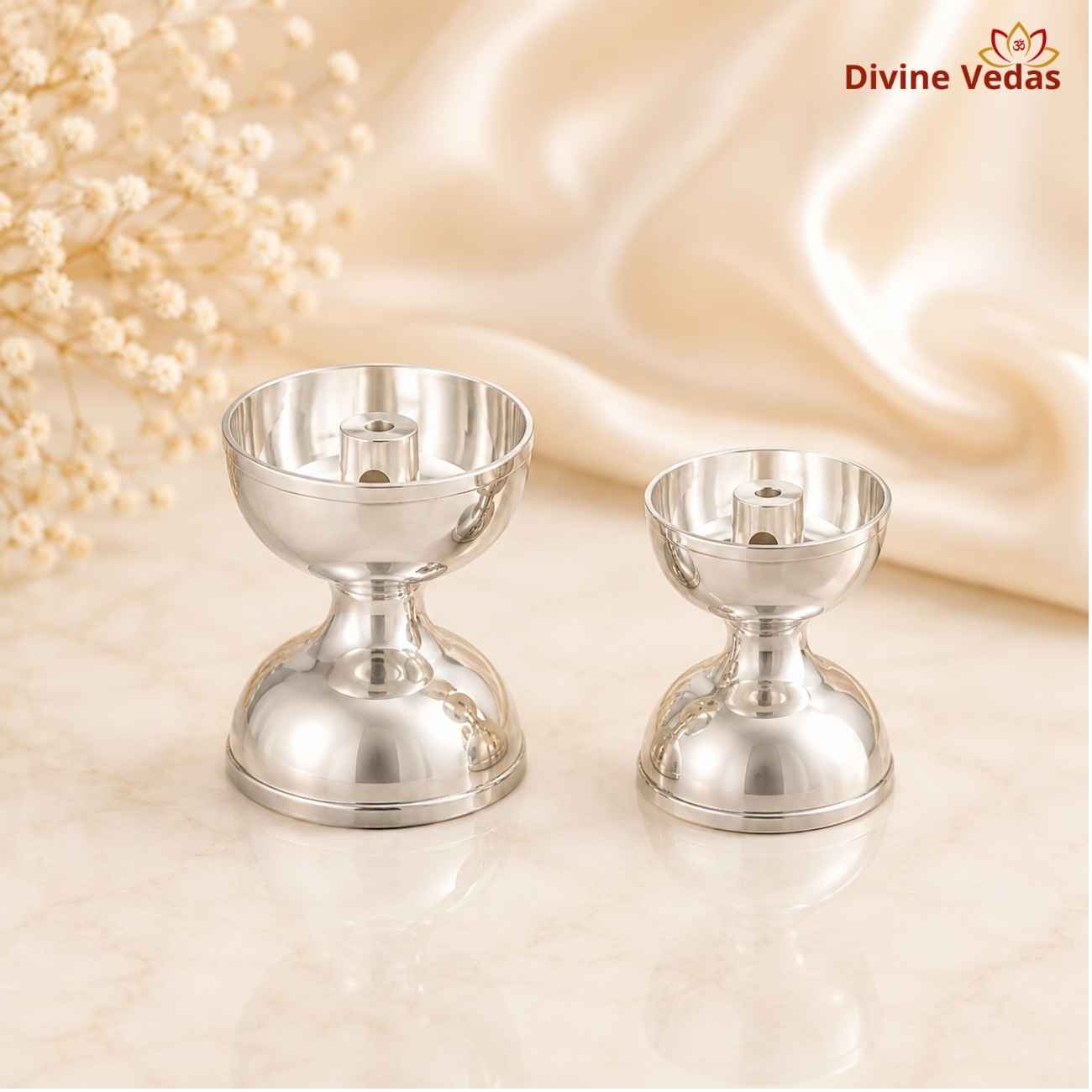 Silver Deepam for Daily Pooja & Festivals | Traditional Chandi Oil Lamp | Divine Vedas