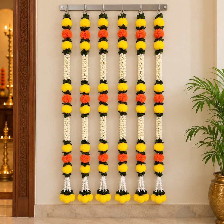Artificial Marigold & Jasmine Flower Hanging Garland for Wall & Door Decoration | Yellow Orange White Floral Mala for Diwali, Pooja, Festivals & Home Decor – Set of 6
