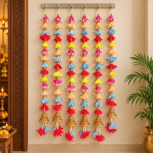 Multicolor Artificial Flower Hanging Mala with Golden Bells for Door, Wall & Festival Decoration