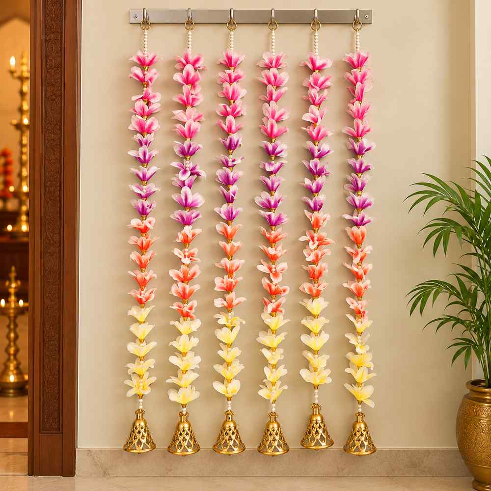Pink Lotus Artificial Flower Hanging Mala with Golden Bells for Door, Wall, Pooja Room & Festival Decoration