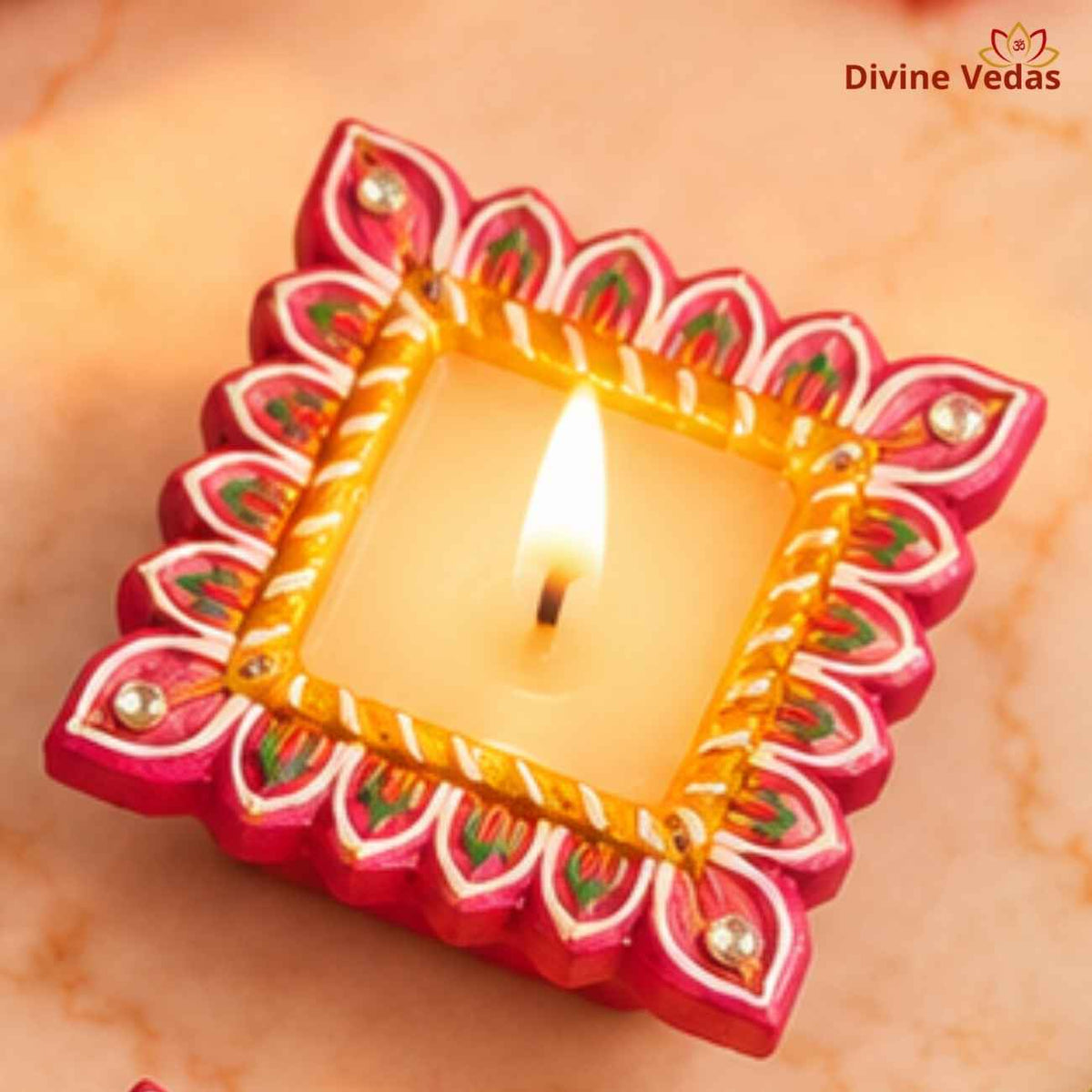 Big Size Square Wax Diya for Diwali & Pooja – Hand Painted Multicolor Decorative Diya