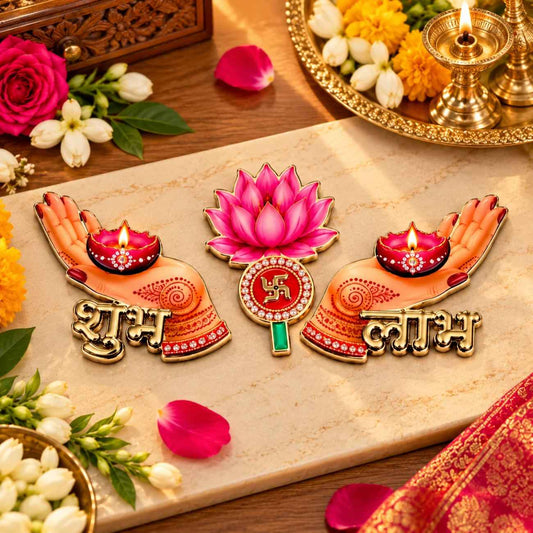 Shubh Labh Decorative Door Stickers with Lotus, Diya & Swastik | Traditional Shubh Labh Entrance Decoration Set for Home, Mandir & Diwali