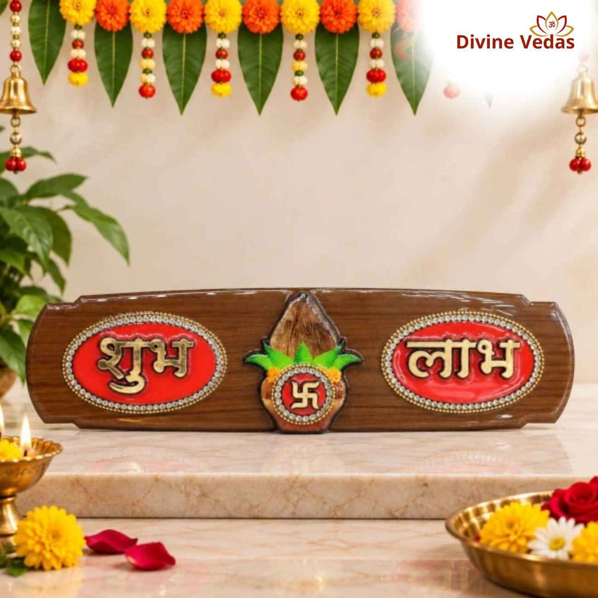Shubh Labh Wooden Decorative Plate with Kalash & Swastik Design