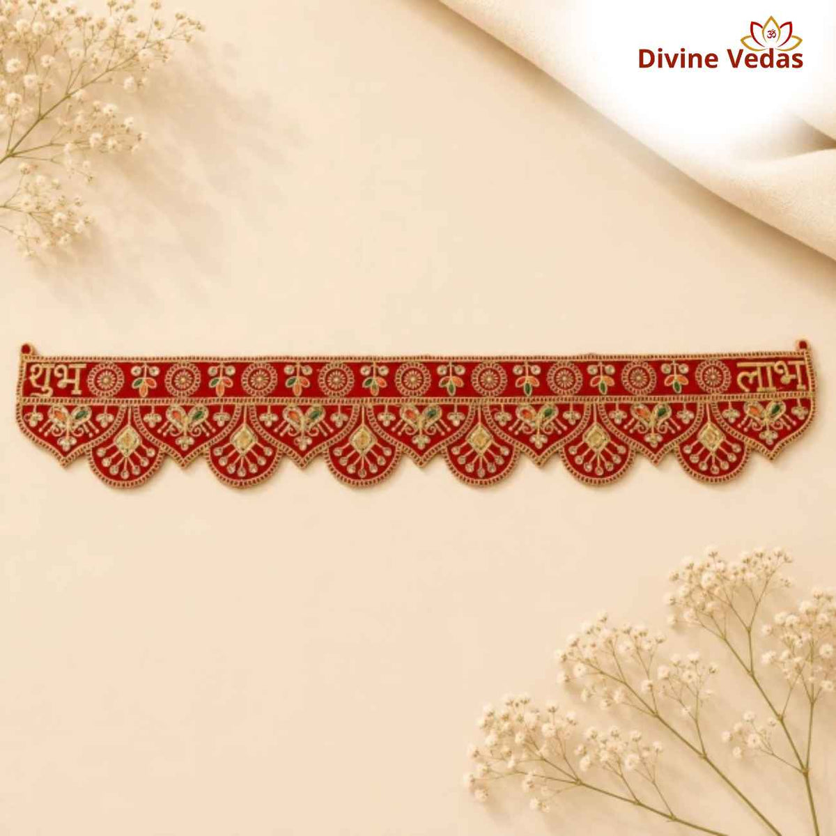 Traditional Shubh Labh Door Toran – Red Decorative Bandhanwar with Golden Embroidery for Main Door, Puja Room & Festivals